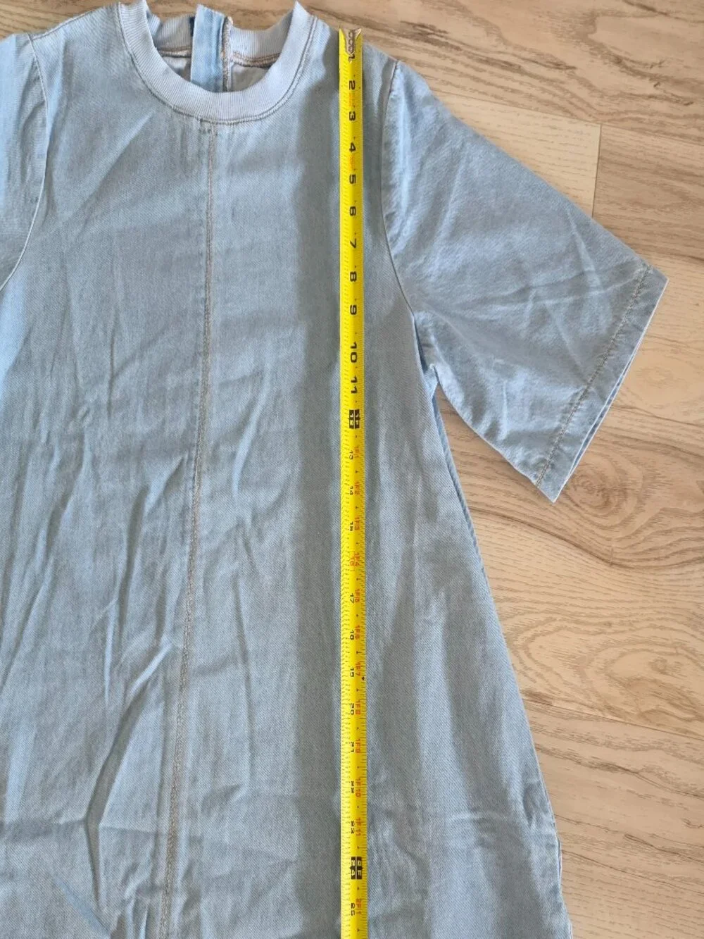 Light Wash Denim Swing Mini Dress with Contrast Stitching Medium - Picture 5 of 8